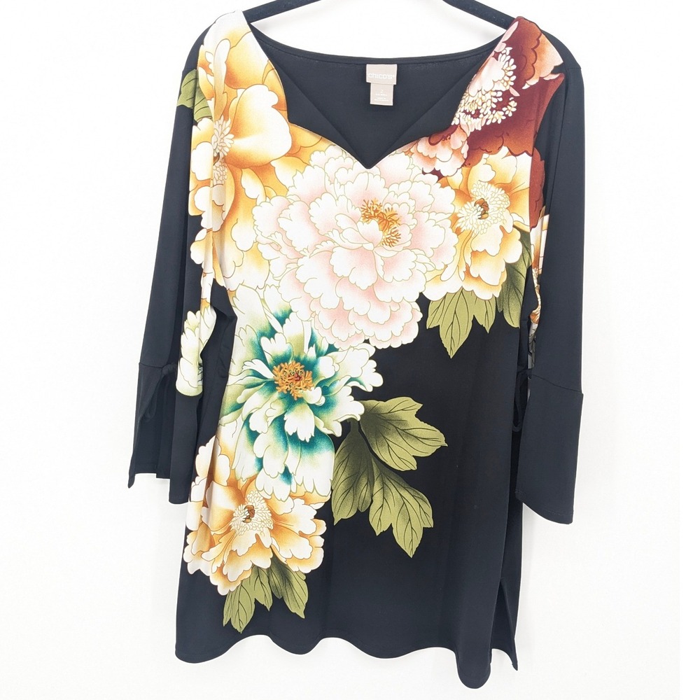 Chicos Floral Peony Blouse Womens Large Black Yellow Tie Sleeve Tunic Top Mature